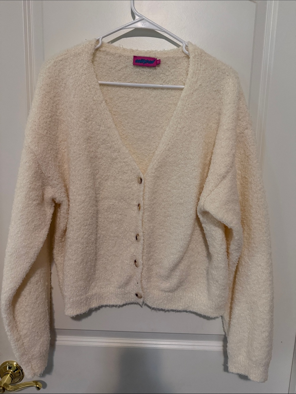 Edikted Ivory Fuzzy V-Neck Button Cardigan